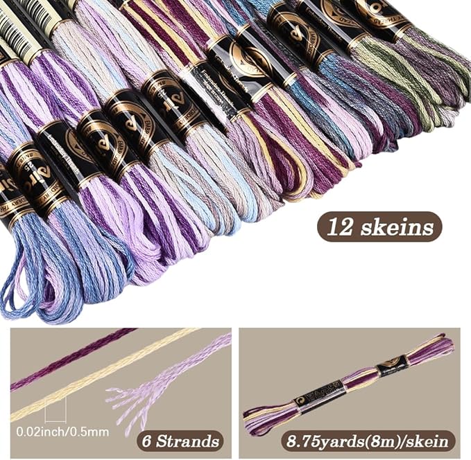 12 Skeins 105 Yards Purple Embroidery Thread Variegated Cross Stitch Floss Bulk 6 Ply Polyester Yarn Colorful Friendship Bracelet String for Sewing Making Needlecraft Knitting Stitching DIY