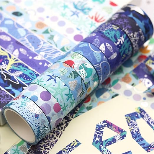 Blue Ocean Washi Tape Set 10 Rolls Bronzing Sea Decorative Masking Tapes for Scrapbooking, Journal, Planner, DIY Crafts, Gift Wrapping