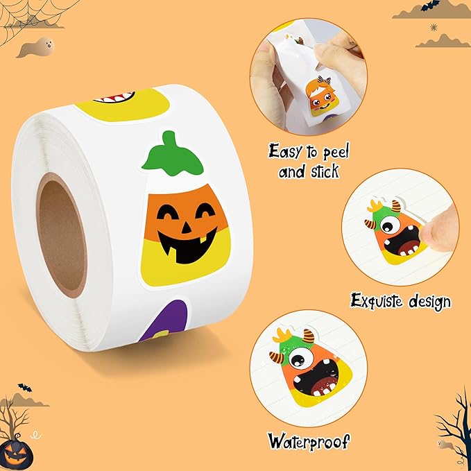 beyumi halloween candy corn stickers - 1000pcs cute cartoon halloween character stickers in 2 rolls with funny expression waterproof vinyl decal for party school classroom envelope gift decor