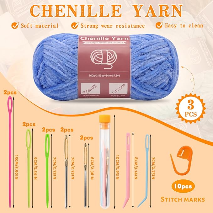 LUNARM Chenille Yarn for Crocheting Knitting, 3 Skein 263 Yard Thick Soft Chunky Fluffy Weaving Plush Yarn for Blankets Clothes Pattern Creations with Big Eye Needles (Sky Blue)