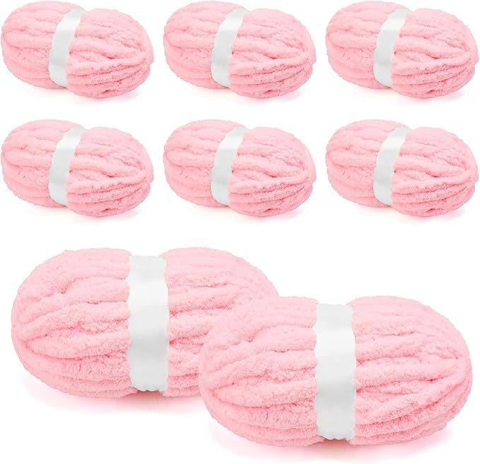 Chunky Chenille Yarn for Crocheting/Arm Knitting, Super Soft Jumbo Knit Blanket Yarn Pink 8 Pack (32 yds, 8.5 oz Each Pack)