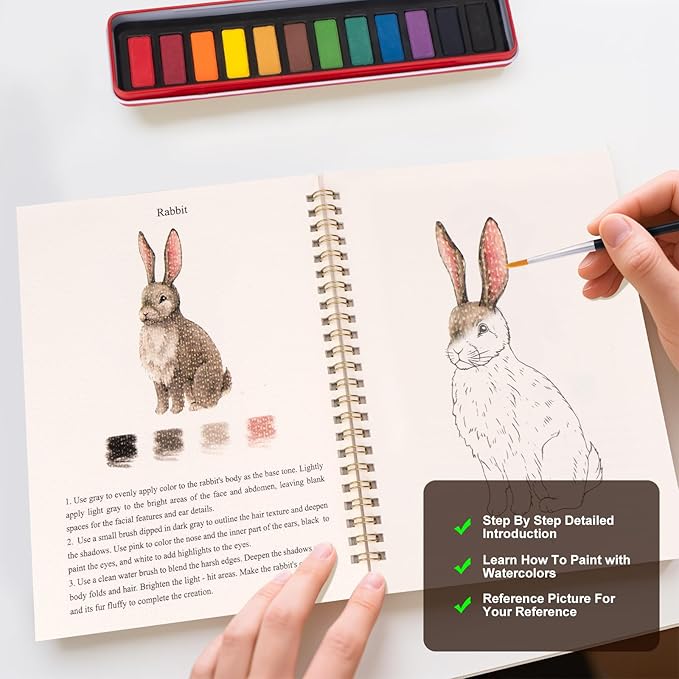 Metyond Beginner Watercolor Workbook Kit - Watercolor Painting Kit with 1 Workbook 12 Colors Paint Set with Brush, Beginner Friendly Watercolor Paint Set Gift for Adults Teens (Animals)