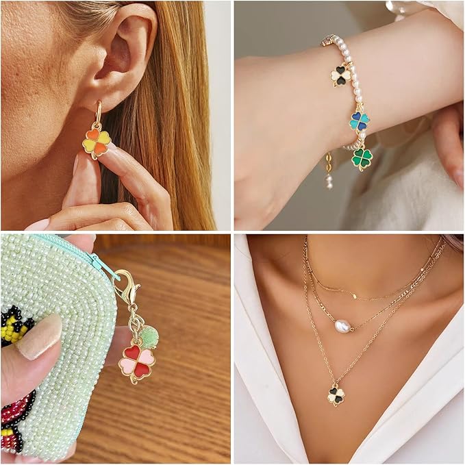 Cheriswelry 50Pcs Clover Charms Enamel Alloy Gold Plated Pendants Shamrock Four Leaf Lucky Pendants 18x12x1.3mm for St. Patrick's Day Decoration Necklace Bracelet Earring DIY Jewelry Making