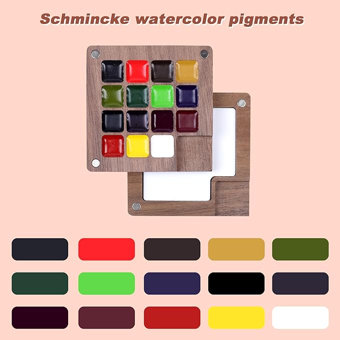 Mini Watercolor Paint Set, Portable Travel Art Kit with Wooden Palette, 15 Colors Pigments, Watercolor Pad, Water Brush Pens and Accessories for Artists