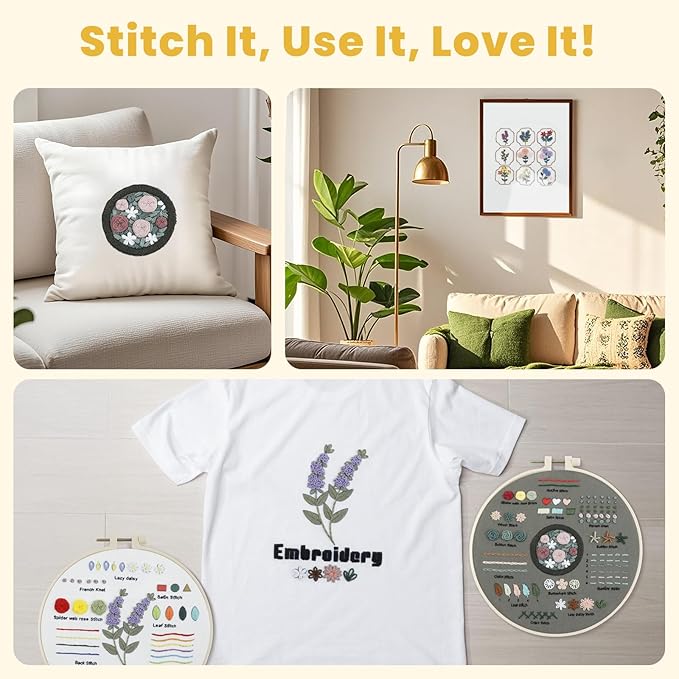 HTVRONT Embroidery Kit for Beginners- 3 Pcs 14 Stitches and 9 Flower Practice Samplers, Pre-Printed Patterns, Step by Step Video, Beginner Embroidery Kit for Adults for Gift for Women