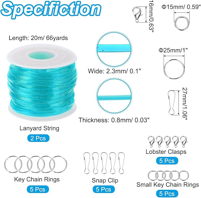 PATIKIL Lanyard String Kit, 2 Rolls Glitters Plastic Lacing Cord Gimp String Lanyard Weaving Kit with Lanyards Accessories for Jewelry Making DIY Crafts, Bracelets, Keychains, Sky Blue
