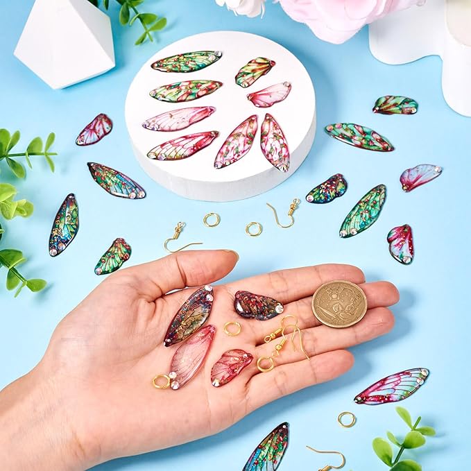 FASHEWELRY 28Pcs Resin Butterfly Wing Earring Charms Hot Pink Flower Print Insect Wing Pendants Feather Charms with Jump Rings Earrings Hooks for DIY Earring Jewelry Making