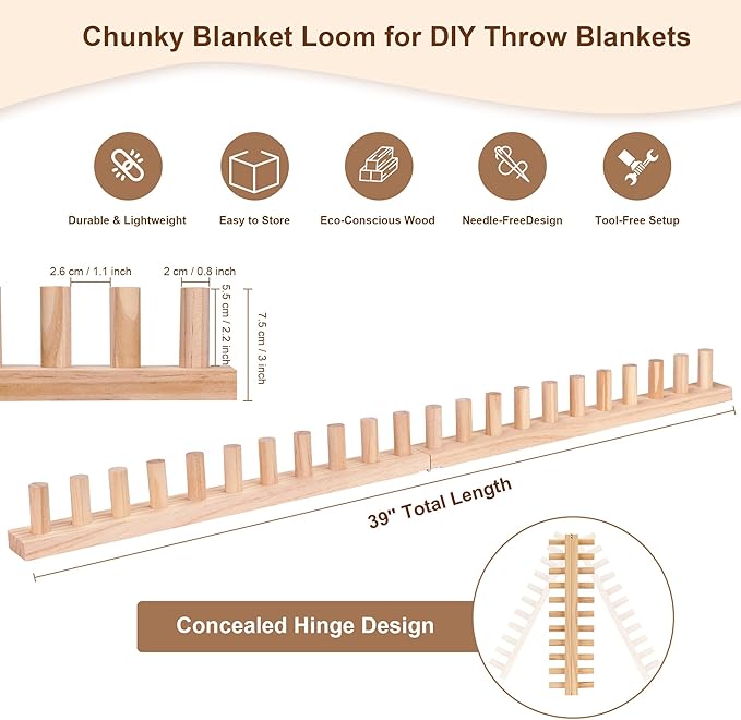 50'' Chunky Blanket Loom, Installation Free Knitting Loom for Beginners, Foldable Hand Knitting Yarn Chunky Blanket Kit for DIY Throw Blankets, Wooden Weaving Loom Craft Tools