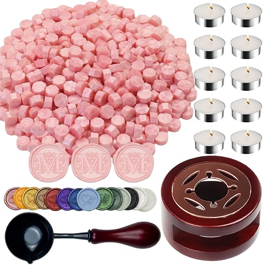 Wax Seal Warmer, ONWINPOR 400pcs Pearl Pink Sealing Wax Beads Kit with Warmer, Non-Slip Spoon, Candles for Envelopes, Stamp Letter Seal,Wedding Invitations (Pearl Pink)