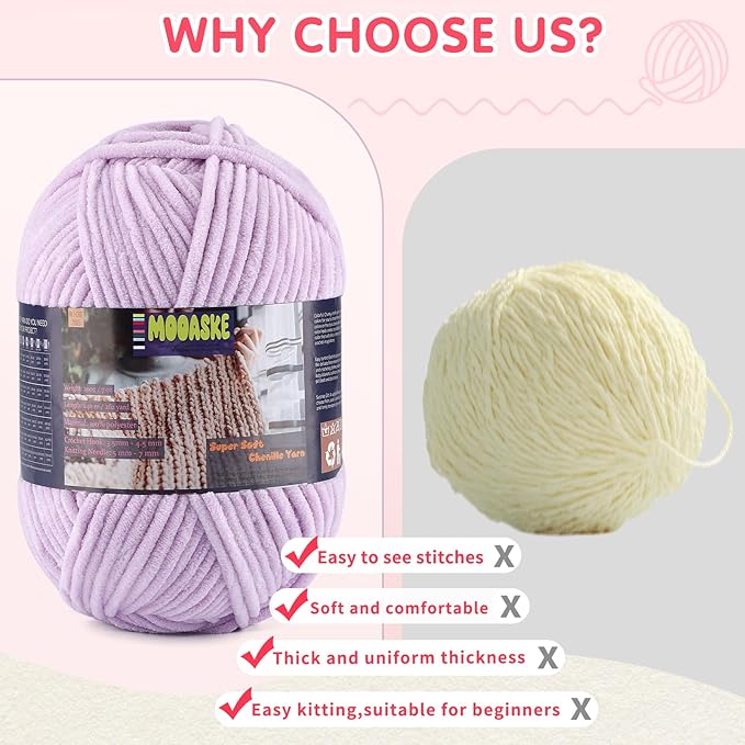 Chunky Velvet Yarn for Crocheting & Knitting, 7.05oz 262.4yd Super Soft Chenille Plush Yarn, Bulk Thick Yarns for Baby Blankets, Amigurumi, Scarves | 20 Colors (1, Violet)