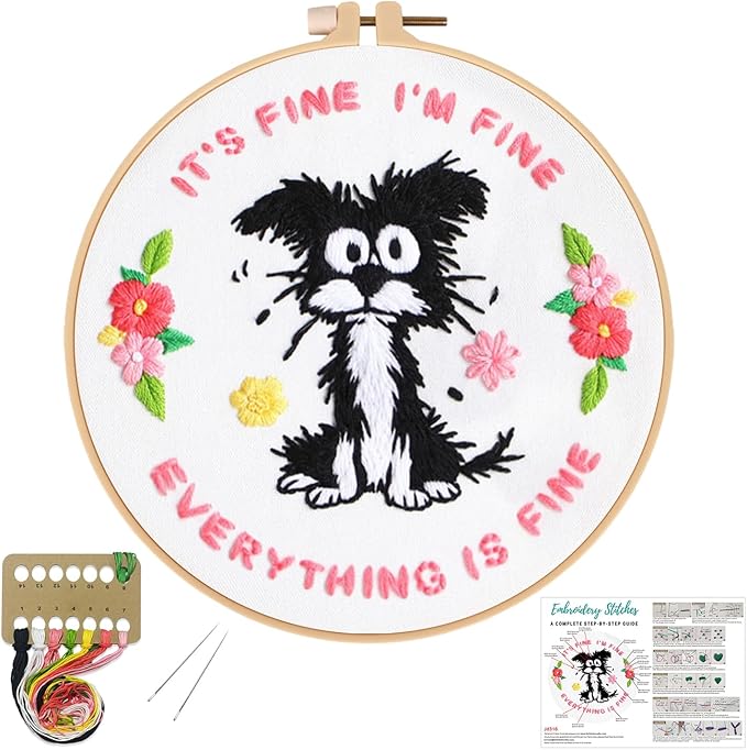 Louise Maelys Funny Dog Embroidery Kits for Beginners,Cross Stitch Kit for Adults,DIY Needlepoint with Cute Animal Pattern -It's Fine I'm Fine Everything is Fine