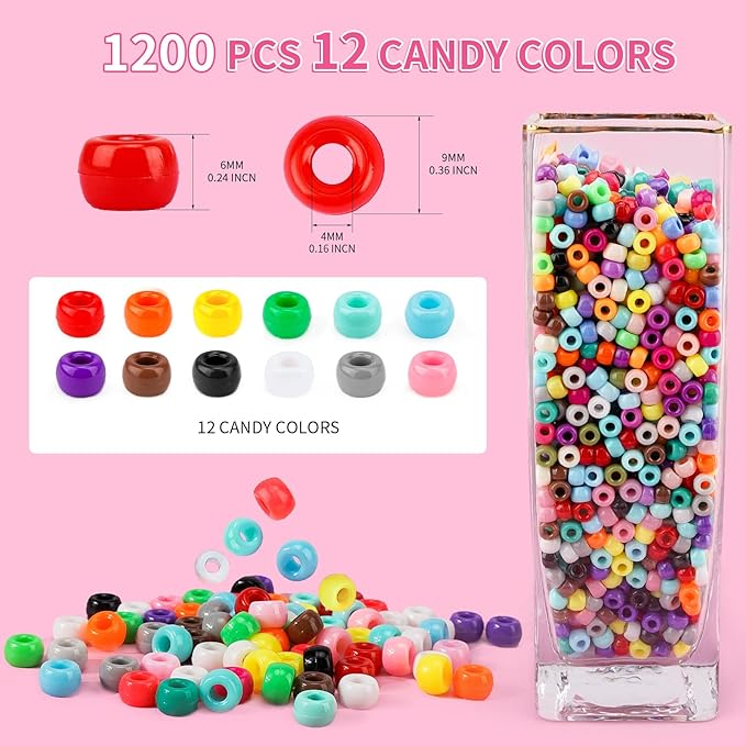 1200+pcs pony beads 9mm kandi beads for bracelets, hair bead for braids plastic colorful bead bulk acrylic assorted for crafts keychains jewelry friendship bracelet kit