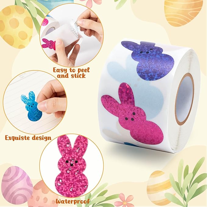 beyumi easter laser bunny sticker - 1000pcs laser bunny peeps stickers in 2 rolls holographic colorful sparkly glitter easter egg rabbit adhesive decal gift holiday party cards envelope decor for kids