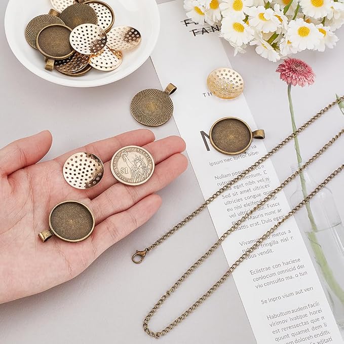 GOMAKERER 10 Sets Round Bezel Pendant Trays, 1 Inch Pendant Blank Frame for Embroidery Alloy Tray Charms Bulk DIY Jewelry Making Kit for Necklace DIY and Crafts Projects, Antique Bronze