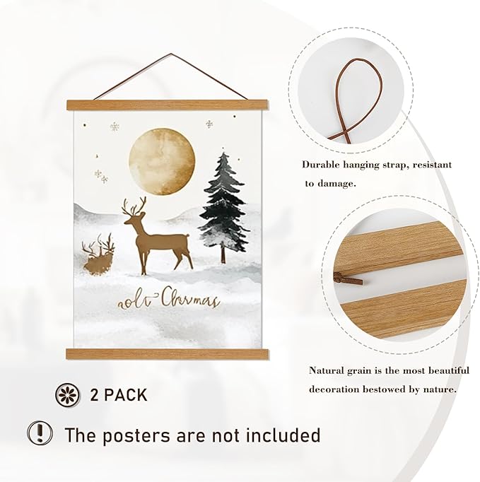 2 Pack Magnetic Poster Hanger Frame, 28x22 28x40 28x29 Light Wood Wooden Magnet Canvas Artwork Print Dowel Poster Hangers Frames Hanging Kit (Teak Wood, 28", 2 Packs)