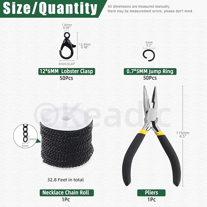 Keadic 102Pcs 30 Feet Jewelry Making Chains Kit W 3mm Metal Necklace Twisted Links Chain, Lobster Clasps, Open Jump Rings and Jewelry Pliers for Bracelet Earring Anklet DIY (Black)