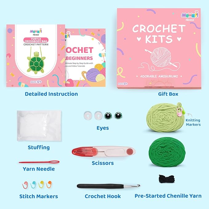 Mewaii Crochet Kit for Beginners Level 2 with 40% Extra Eco-Friendly Pre-Started Easy Yarn, Step-by-Step Video Tutorials for Adults and Kids (Turtle Crossbody Bag)