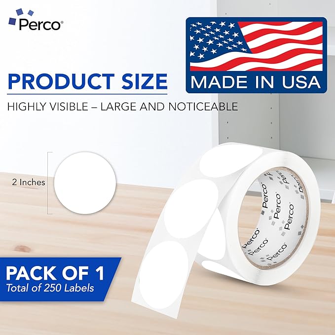 perco white 2-inch perforated circle dot sticker labels — 250 round stickers per roll — with permanent adhesive for organizing, color coding, bin labeling, packaging alerts — made in usa