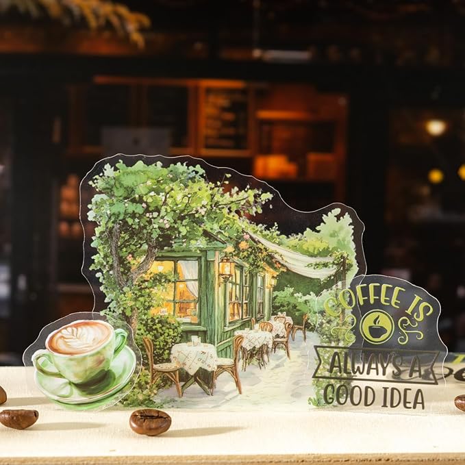 TIAMECH Encounter Cafe PET Stickers - 150 Pcs Silent Romantic Delicious Leisure Coffee Design, Waterproof Sticker for Journaling & Scrapbooking, Junk Journal Supplies, Ephemera & DIY Crafts