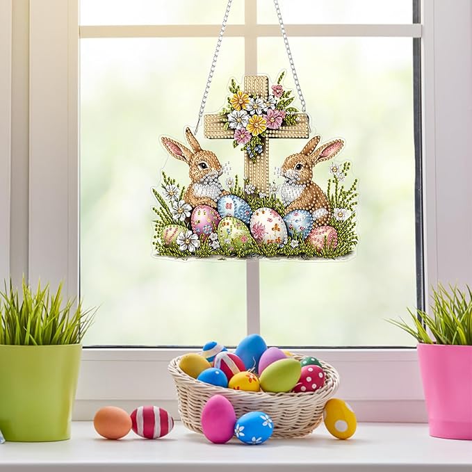 NAIMOER Easter Cross Diamond Art Hanging Kits for Adults, 5D Special Shaped Rhinestone, DIY Acrylic Spring Diamond Art Painting Window Pendants Home Garden Wall Hanging Ornament Kits, Double Sided
