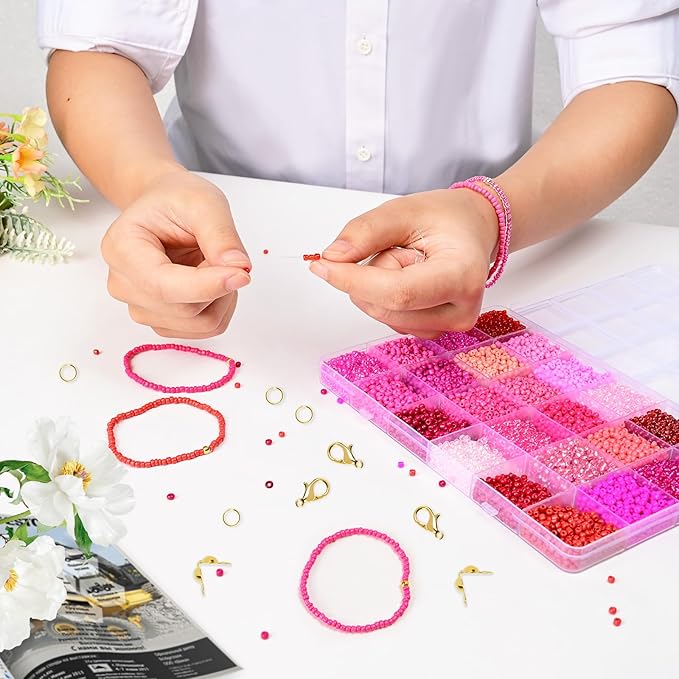 Vtssvow 3mm Glass Seed Beads for Bracelets Making, 24 Colors 10000pcs Friendship Bracelet Making Kit, Small Glass Beads for Jewelry Making (Mix 24 Color, Red and Pink)