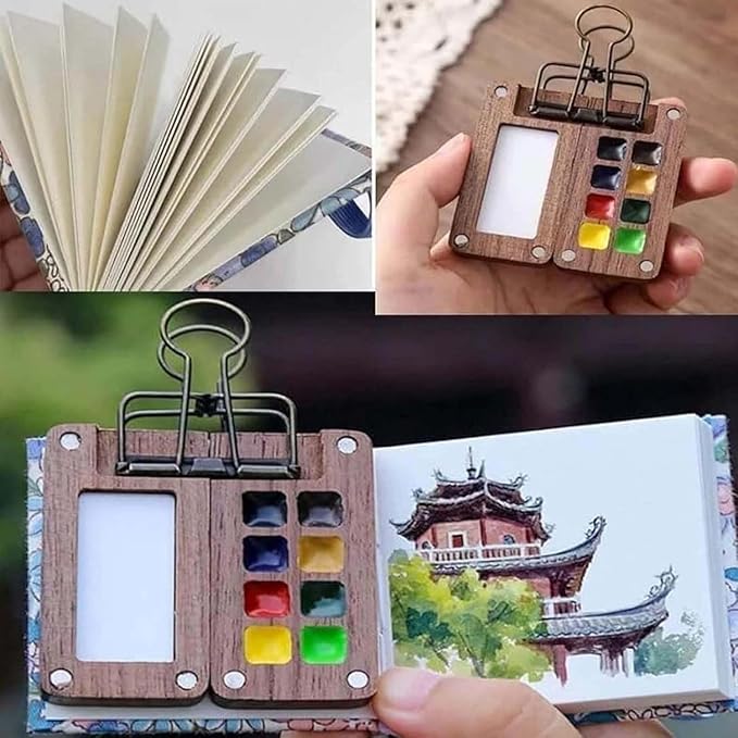 Mini Watercolor Travel Paint Set, Travel Watercolor Set, Portable Artist Palette Sets with Colours, Book,Binder Clips,Pens,Wooden Paint Box for Painters Artists Student (8 Grids)