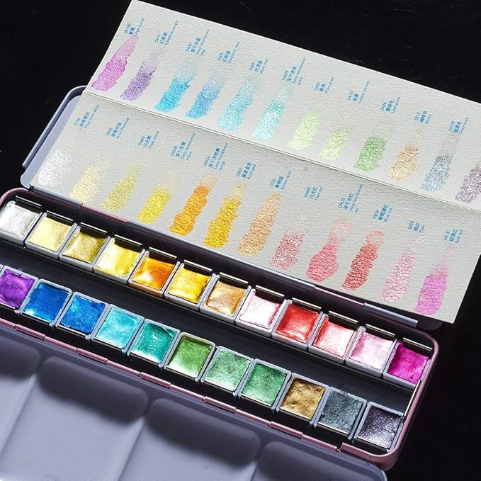 Paul Rubens Artist Watercolor Paints-Metallic Glitter Solid Colors-Pink Portable Metal Case with Palette-24 Color Set Sparkle Watercolor