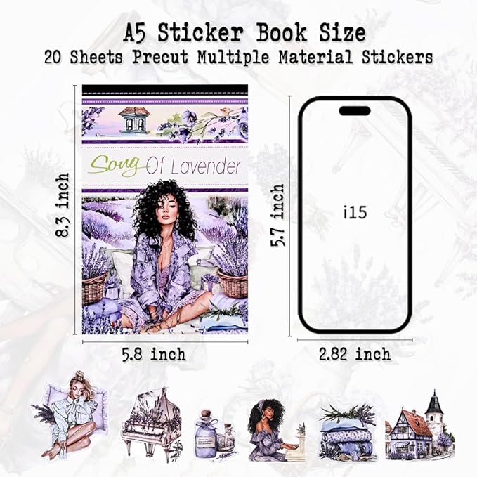 Song of Lavender Scrapbook Stickers for Women, 20 Sheets A5 Die-Cut Journaling Sticker Book for Adutls, Junk Journal Supplies, Planners, Bujo, Assorted PET Washi Paper Materials