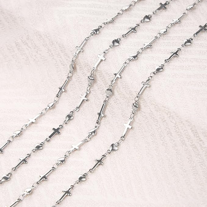 Jabogrii 4 Meters Cross Heart Chain Bulk Stainless Steel Chain for Jewelry Making Silver DIY Craft Jewelry Making Supplies