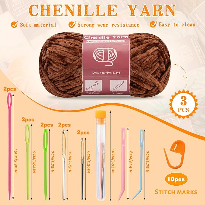 LUNARM Chenille Yarn for Crocheting Knitting, 3 Skein 263 Yard Thick Soft Chunky Fluffy Weaving Plush Yarn for Blankets Clothes Pattern Creations with Big Eye Needles(Brown)