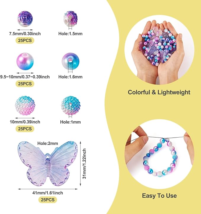FASHEWELRY 100pcs Assorted Acrylic Beads - Cute Butterfly, Rose Flower, Kawaii Pink & Purple Acrylic Berry Beads Bulk for Bracelets & Necklaces Jewelry Making