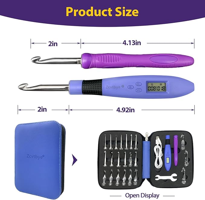 22 Size Crochet Hook Set with Light & Digital Counter, Ergonomic for Arthritic Hands, 2.0–14.0 mm Interchangeable Hooks, Rechargeable and Beginner-Friendly