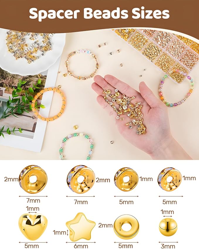 Goldwise Spacer Beads for Jewelry Making, 1280pcs Assorted Round Star Rondelle Heart Gold and Silver Beads for Bracelet Jewelry Making & DIY Crafts