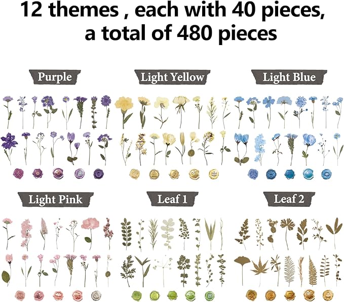 NESSCCI Pressed Flower Themed Stickers (Assorted 480 Pieces,24 Sheets) Scrapbook Supplies,Stickers for Journaling, Dried Floral Resin,Scrapbook Sticker,Junk Journal Sticker