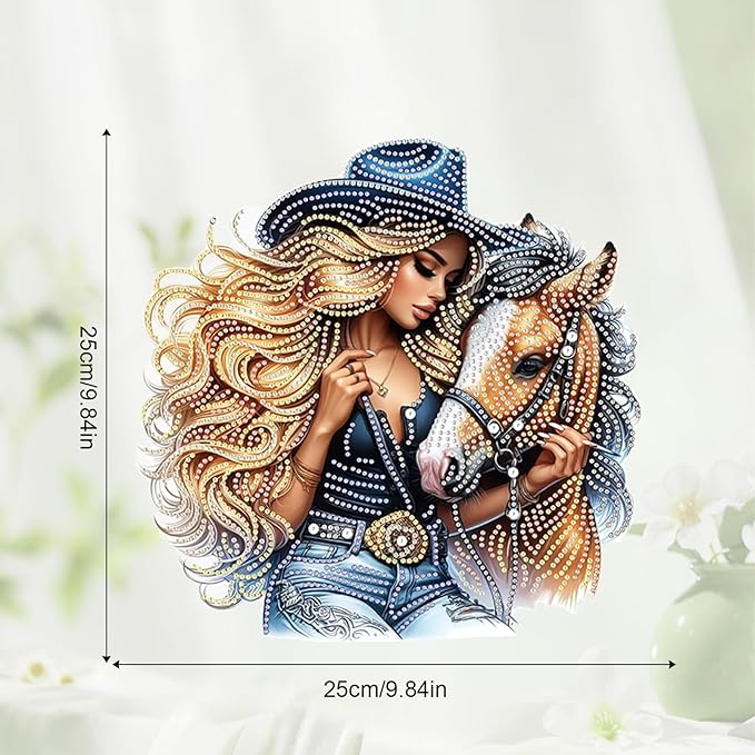 JZHYOAN Diamond Painting Arts Hanging Kit DIY Woman and Horse Acrylic Pendant Ornaments Craft Kits Crystal Art Pendant Wind Chimes with Diamonds Diamond Art Window Pendants Craft for Adult