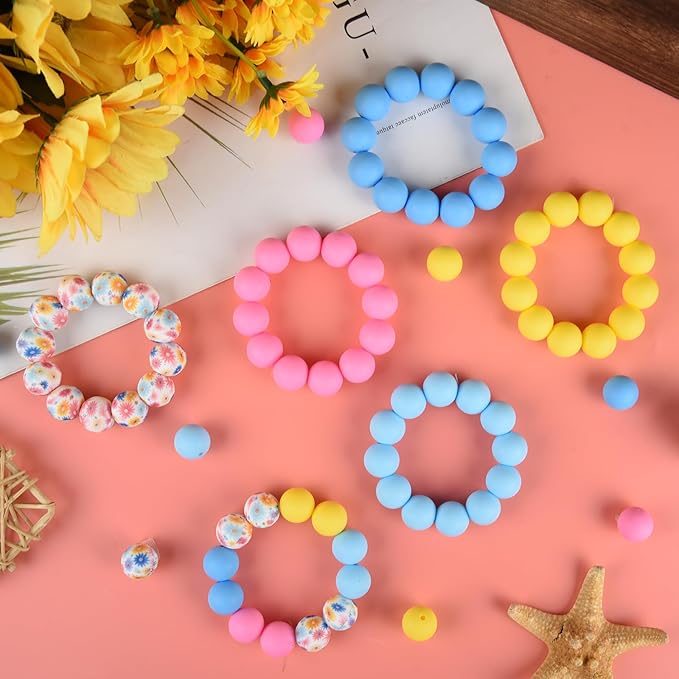 ASTARON 100 Pcs 15mm Silicone Beads for Keychain Making,Yellow Pink Blue Bulk Round Beads for Bracelets Crafts Beadable Pens Decorations Jewelry Making Party Favors Supplies