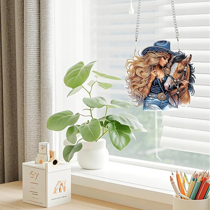 JZHYOAN Diamond Painting Arts Hanging Kit DIY Woman and Horse Acrylic Pendant Ornaments Craft Kits Crystal Art Pendant Wind Chimes with Diamonds Diamond Art Window Pendants Craft for Adult