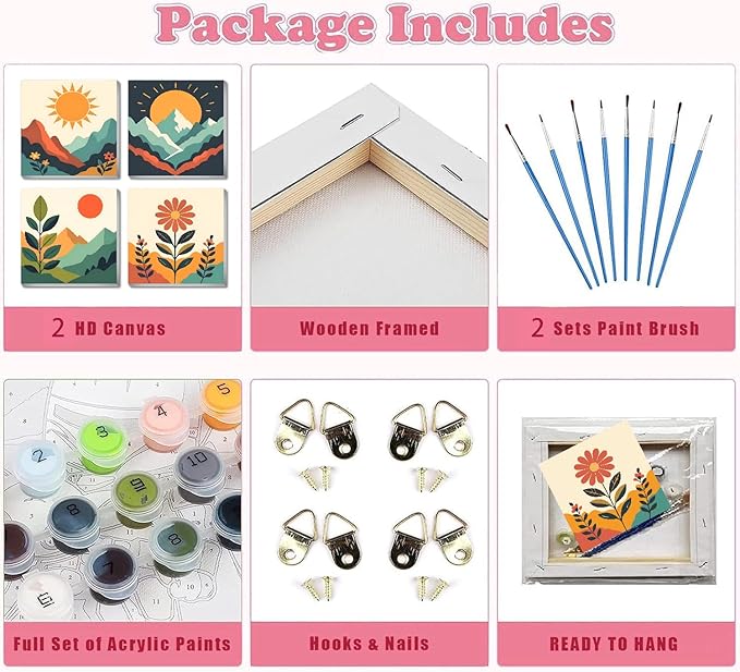 4 Pack Framed Paint by Numbers Kit for Kids & Adults Beginners, Easy Sunset Landscape Paint by Numbers Kits with Canvas Paints Brushes, Acrylic Oil Painting Arts and Crafts for Wall Decor 8 x 8 Inch