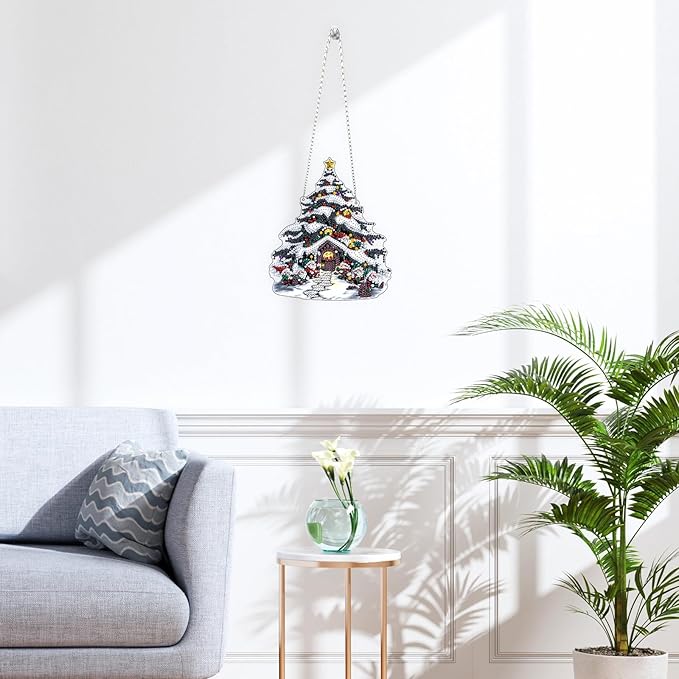 QENSPE Christmas Tree House Hanging Diamond Art with Chain,5D Special Shape Diamond Paingting Ornaments Kits,Festive Cottage Easy DIY Crystal Pendant Gem Art for Home Garden Wall Decor 8X8 inch