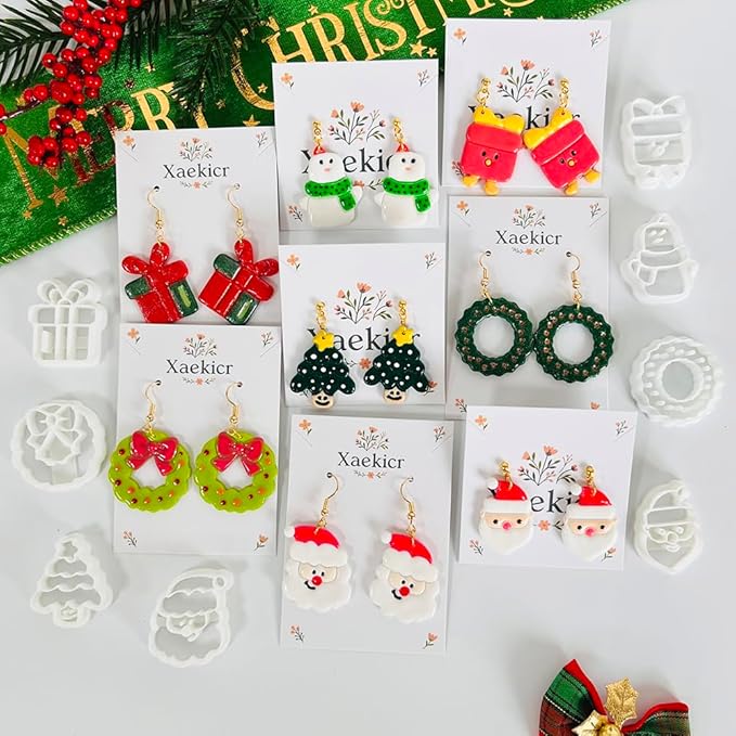 Xaekicr Christmas Polymer Clay Cutters Set – 8 Pcs Holiday Clay Earring Cutters for DIY Jewelry Making, Santa Tree Wreath Gifts – Clay Tools for Polymer Clay Molds Projects