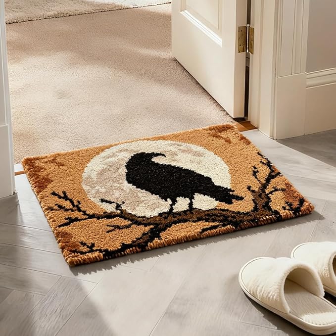 ORIGACH Black Raven & Moon Latch Hook Rug Kit for Adults Printed Rug Making Kit Handmade Carpet Tapestry Cover with Hook Latch and Preprinted Canvas, Home Arts Crafts Sofa Decor, 20.5x15inch