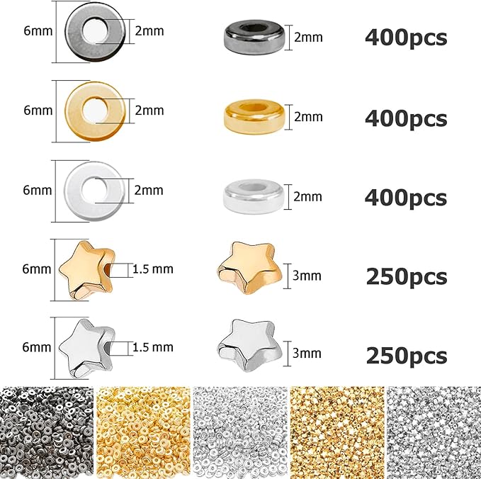 6mm Flat Round Spacer Beads, Clay Beads for Bracelets Making Kit, Heishi Polymer Flat Disc Spacer Beads for Jewelry Making, Clay Beads for Jewelry Making Gold Beads Silver (1700pcs（500star）)