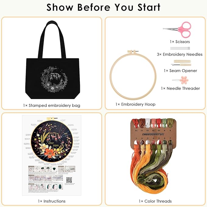 ERKOON Canvas Tote Bag Embroidery Kit for Beginners, Floral Arts Crafts Cross Stitch Kits for Adults Including Stamped Embroidery Bag with Hoops, Needle, Instruction and Color Threads (Flower)