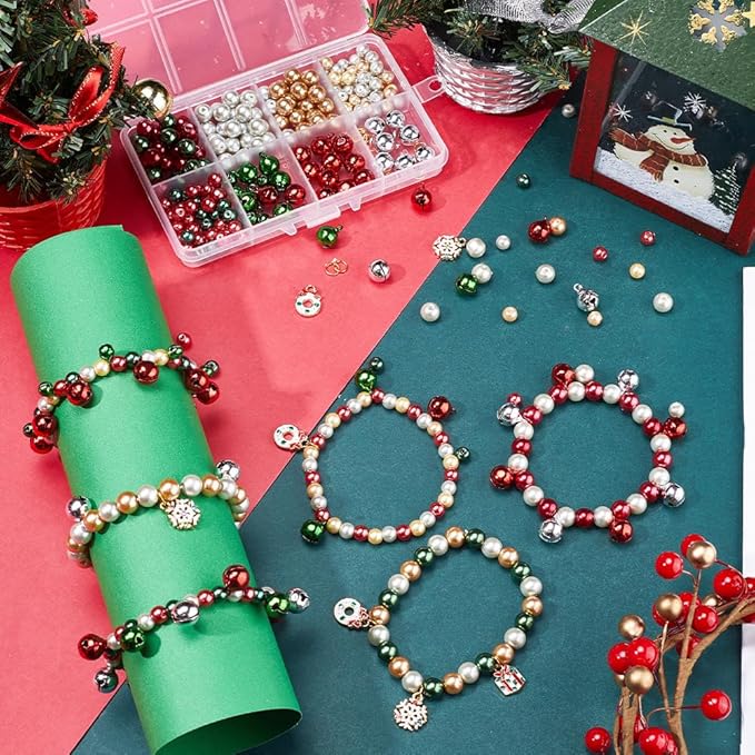SUNNYCLUE 1 Box 240Pcs 6 Sets Christmas Charms Beading Bracelets Making Kit Small Jingle Bells Red Green Beads Holiday Cheerful Sound Adult Bell Winter Snowflake Charms for Jewelry Making Kits