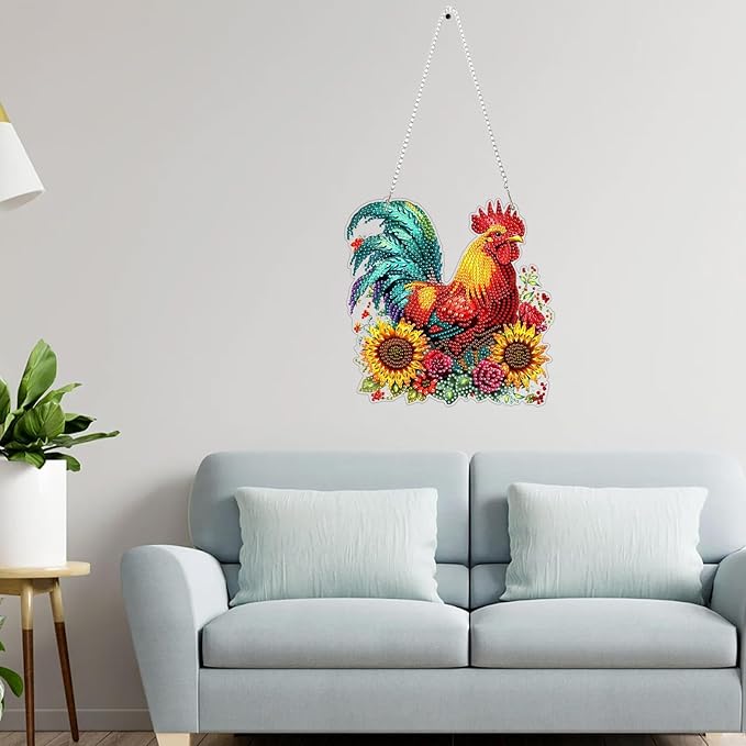 Chicken Diamond Art Hanging Kits for Adults, Rooster Diamond Painting Pendant Kits, DIY Acrylic 5D Special Shaped Crystal Diamonds Gem Art Painting Ornament for Home Wall Decor Gift 8x8 Inch