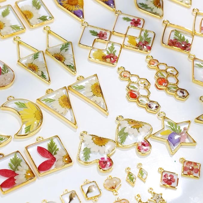 LET'S RESIN 172 pcs Open Bezels for Resin, 2 Size 36 Styles of Gold Hollow Frame Pendants Bezels with 100pcs Jump Rings, Unique Resin Bezels for Jewelry Making, Necklaces Earrings Making Supplies