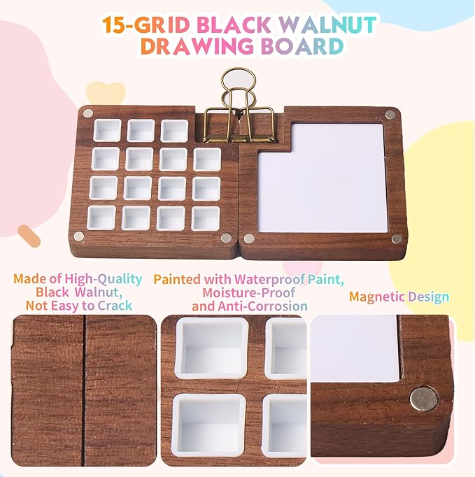 Mini Watercolor Paint Set, Premium Pocket Watercolor Travel Kit, With 24 Watercolor Paints, 15-Grid Black Walnut Palette, Crossbody Bag, Oil Painting Paper Sketchbook, Ideal for art lovers