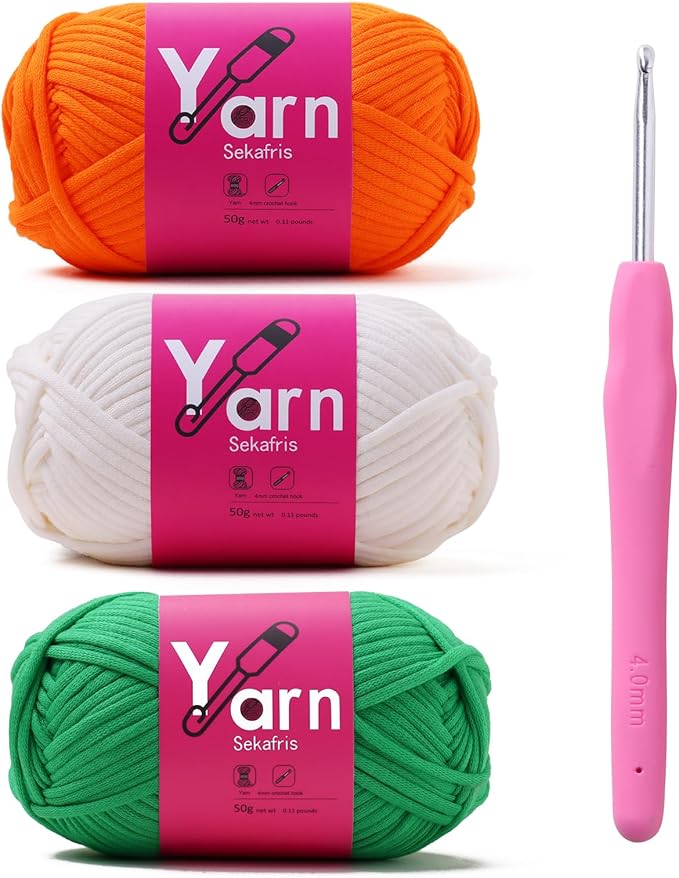Crochet Yarn with Cotton Yarn for Crocheting - Crochet Knitting Yarn for Beginners with Easy-to-See Stitches - Yarn for Crocheting - Chunky Yarn (Orange Peel+White+Christmas Green)