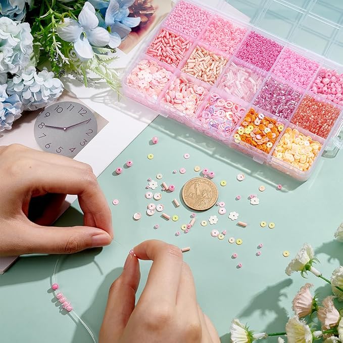 NBEADS Bugle Round Glass Seed Beads,DIY Beads Disc Plastic Paillette for Jewelry Making Necklace Bracelet Craft,DIY Kit,Deep Pink,Mixed Size (DIY-NB0008-45-US6)
