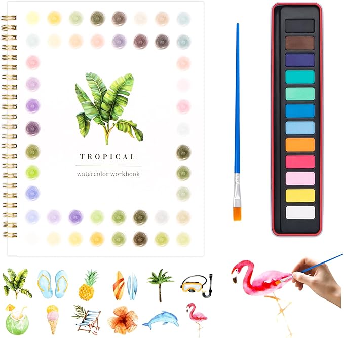 Metyond Watercolor Workbook - Watercolor Coloring Book with 1 Workbook 12 Colors Paint Set with Brush, Beginner Friendly Watercolor Workbooks Set Gift for Adults Teens (Tropical)